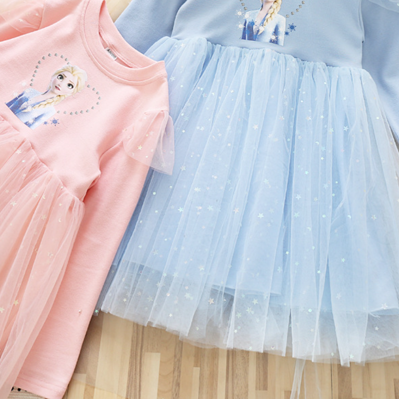 DISNEY kids designer clothes Girl's cotton long-sleeved mesh dress little girl's star Elsa princess dress children's designer clothing 