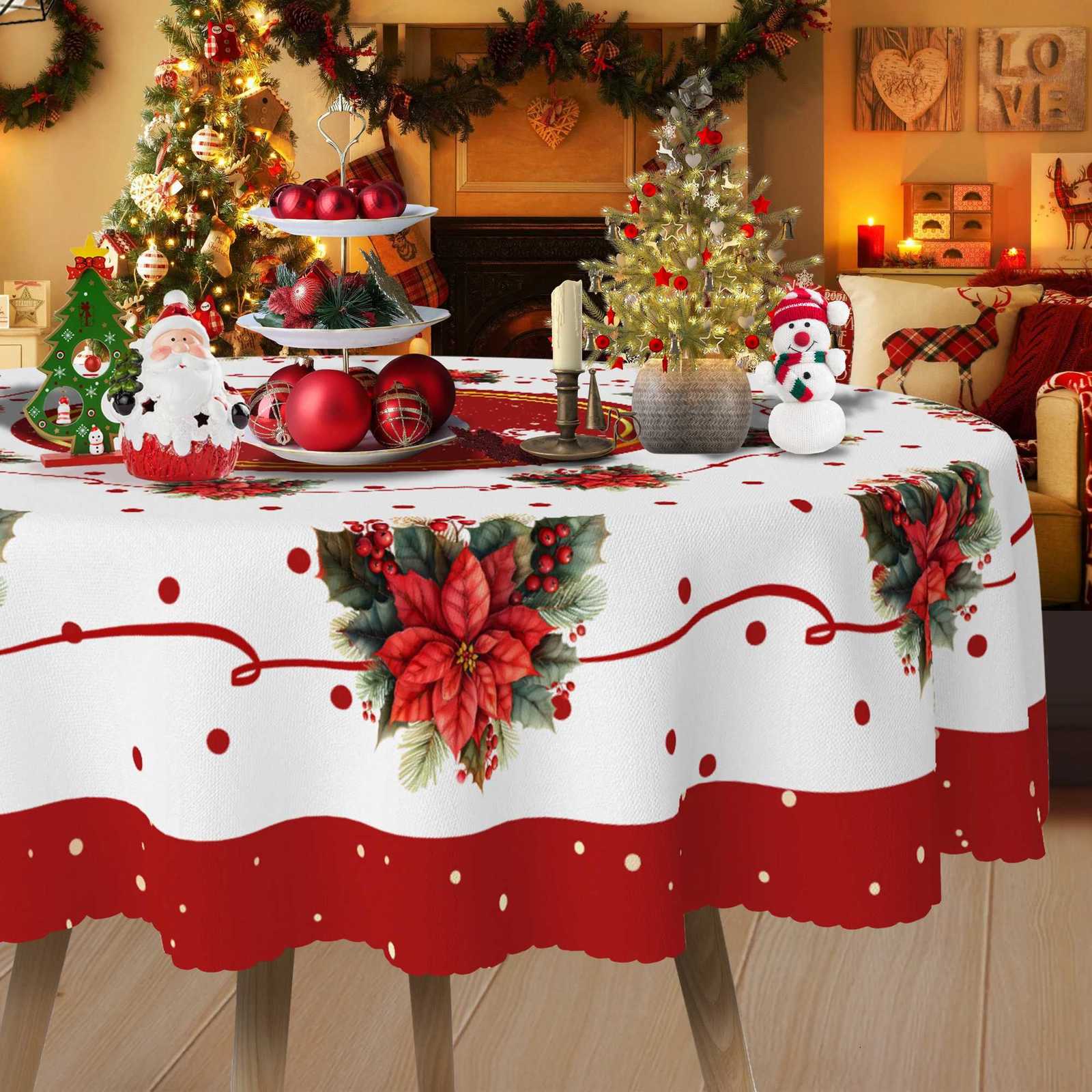 1 Piece Merry Christmas Red Ribbon Bouquet Tablecloth Elk Santa Claus Table Cover Holiday Tablecloth Tablecloth Home Decoration Christmas Decorations 