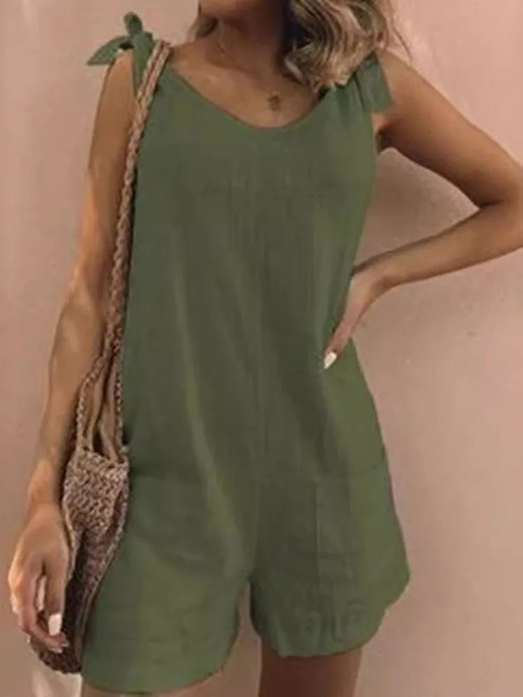 Summer Solid Cotton Linen Playsuits Casual Loose Women Jumpsuits Fashion Lace -up O Neck Sleeveless Pocket Romper Female 250421