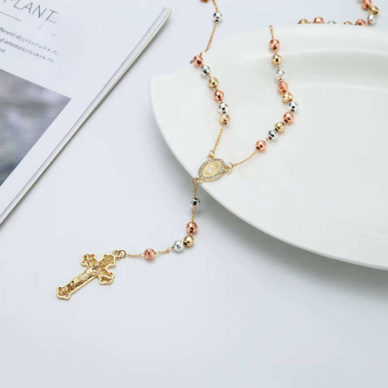Elfic Gold-Plated Three-Color hip-hop moissanite Virgin Mary Rosary Necklace