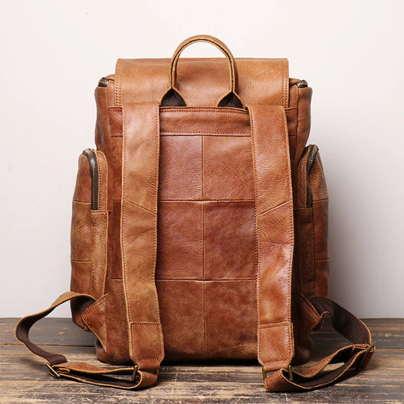 Cowhide Mens Backpack Vintage Brown Leather Casual 156 Laptop Bag Large Capacity Outdoor Travel 251111