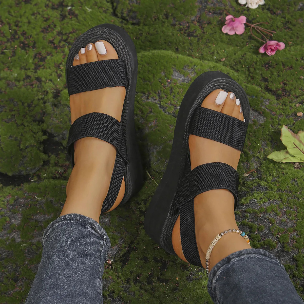 1 pair of womens minimalist wedge sandals with open platform and thick sole casual ankle straps suspenders solid color 250421BJ - view 5
