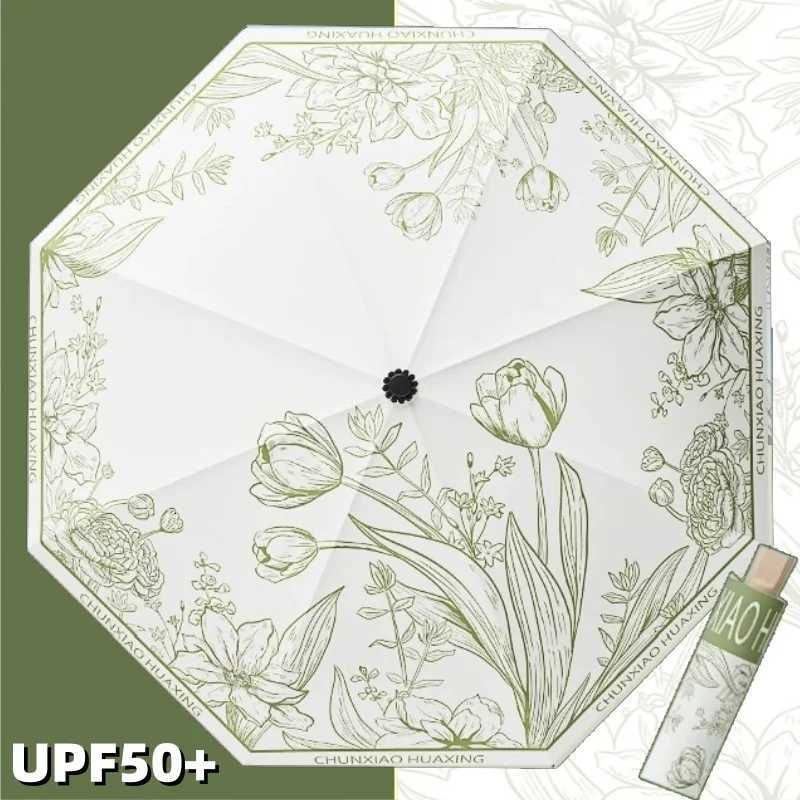 UPF50 Sun Umbrella Romantic Flower Language UV Protection Women Umbrella Vinyl Coating Rain Parasol Sun Shade Folding UmbrellasM251122