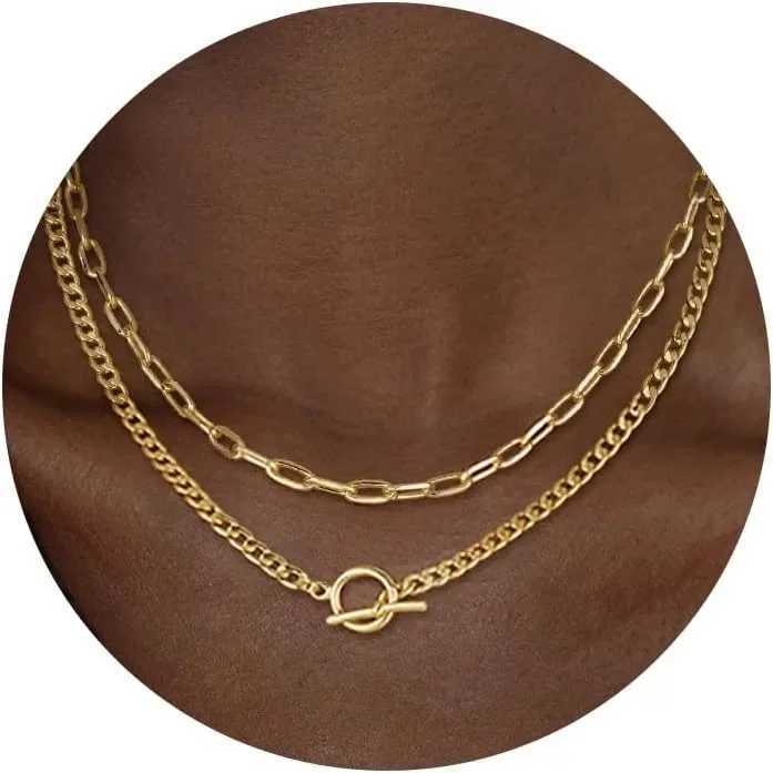 Gold plated necklace gold plated necklace womens Cuban chain paper clip chain switch buckle necklace womens jewelry Y250422