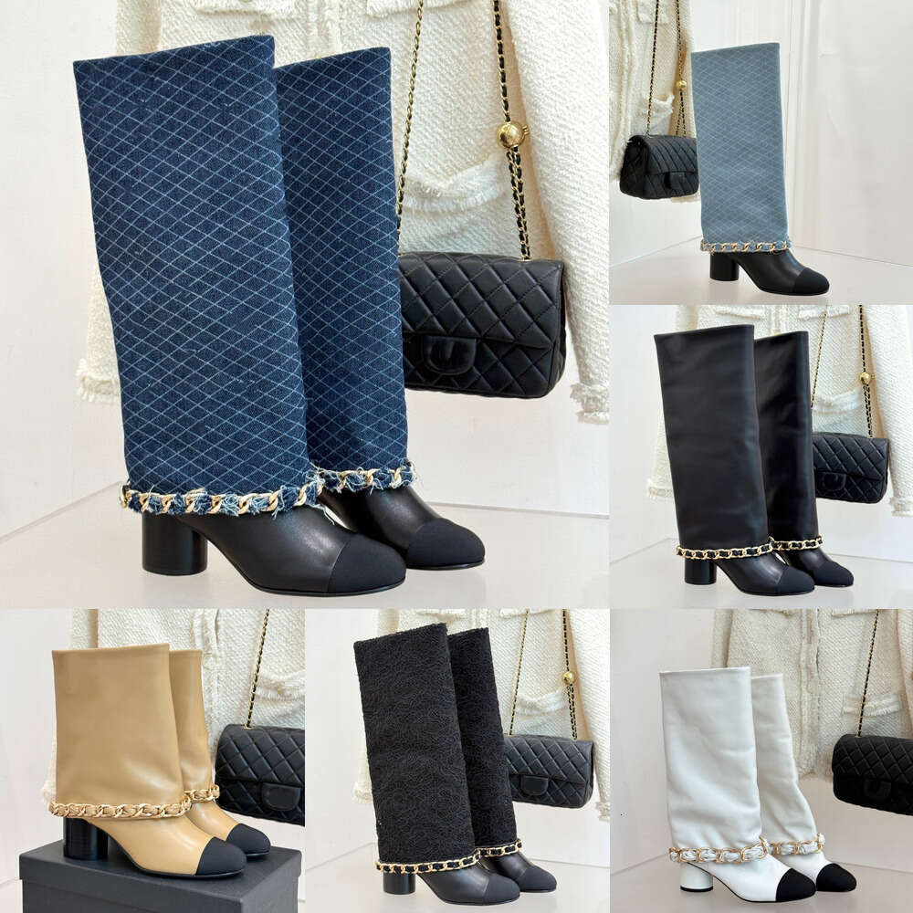 11 quality Designer Womens Spring Fall Winter round toe Embroidered Kneehigh Chunky Heel Quilted Denim calfskin Lace Mesh Chain Decorated Fashion Boots Luxury Shoe