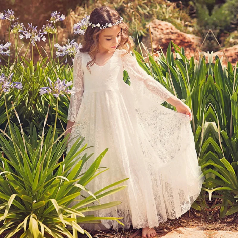 Princess Girls Lace Chiffon Long Dresses Kids Flower Girl Wedding Dress Summer Boho Birthday Party Wedding Dress For 2-14 Years 250421bj