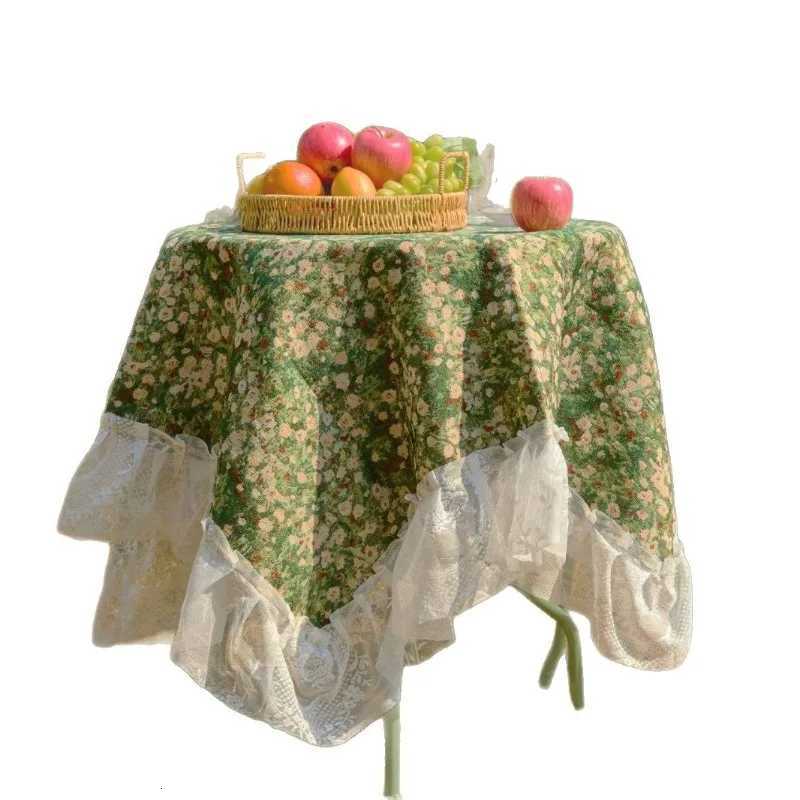 1PC Tablecloth Jacquard Green Flower Camping Outdoor Tablecloth Lace Ruffle Edge Multi-purpose Cover Bedside Table C251122