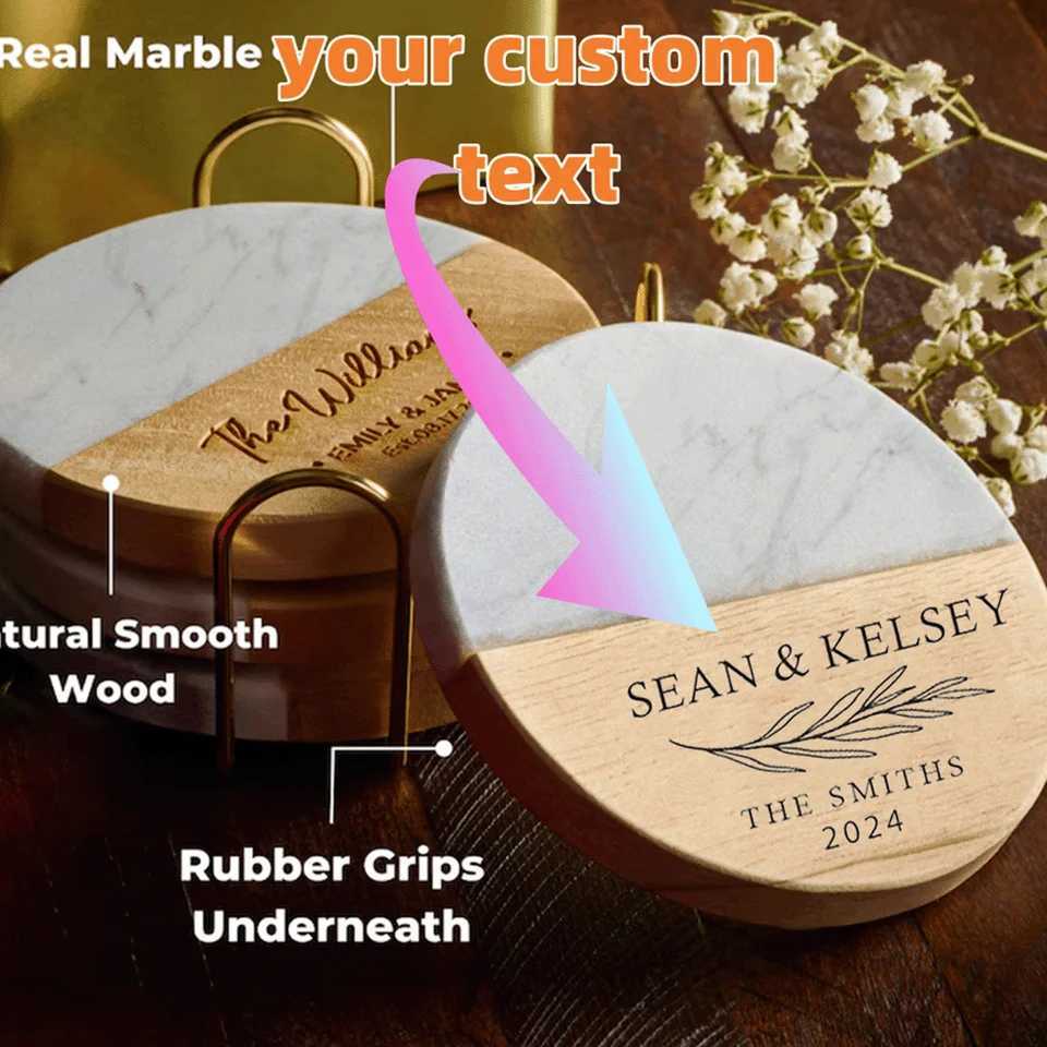 Custom Personzed Text Creative Marble Splicing Wood Coaster Insulation Light Luxury Fashion Decoration Home Accessories Gifts C251122