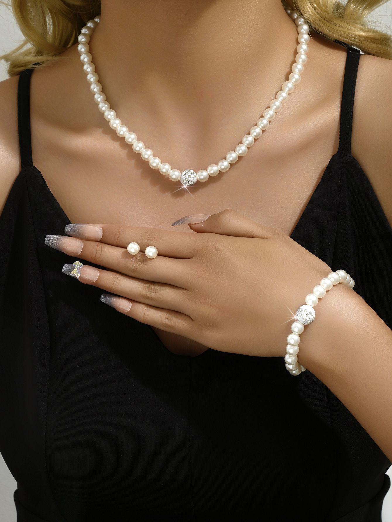 4-piece women's pearl bracelet, earring, necklace, jewelry set, party, holiday, travel outfit, gift