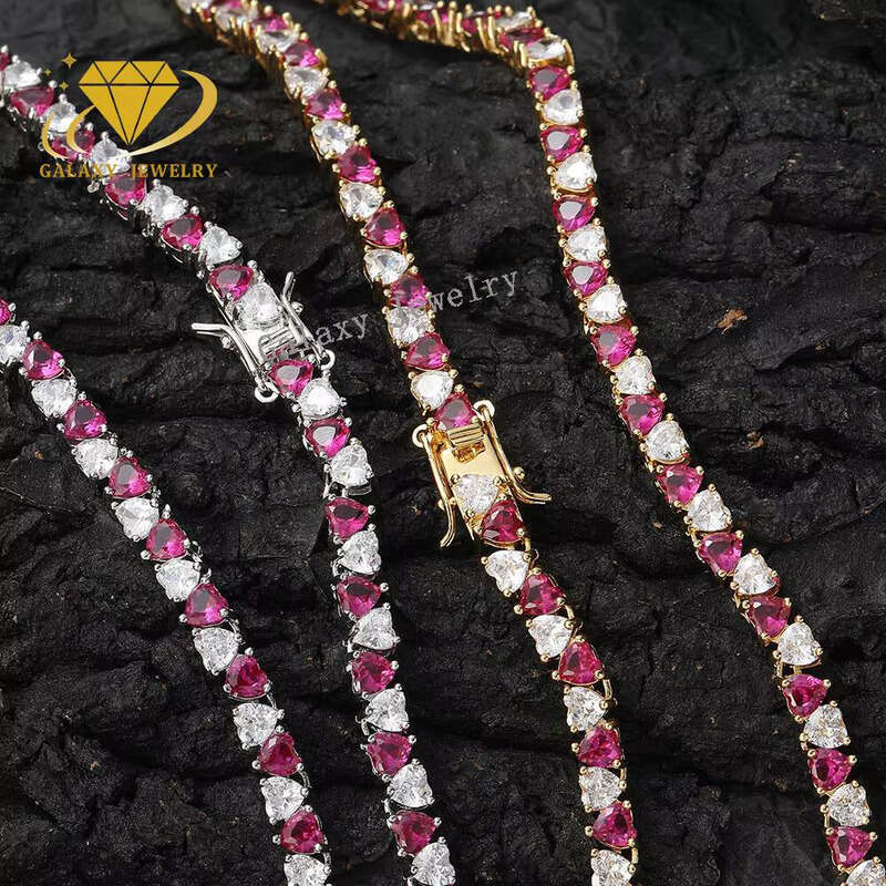 Premium Jewelry Sier Pink and White Diopside Two-tone Heart-shaped Tennis Chain Bracelet Women's Necklace
