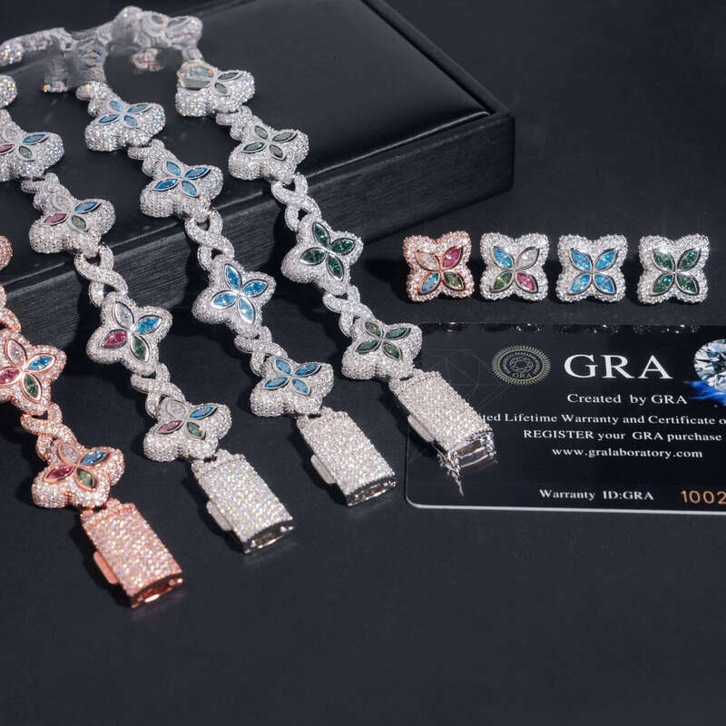 Hip-Hop Sier 18mm Wide Colorful Clover Chalcedony Bracelet with Earrings Iced Out Unisex Boutique Jewelry Set