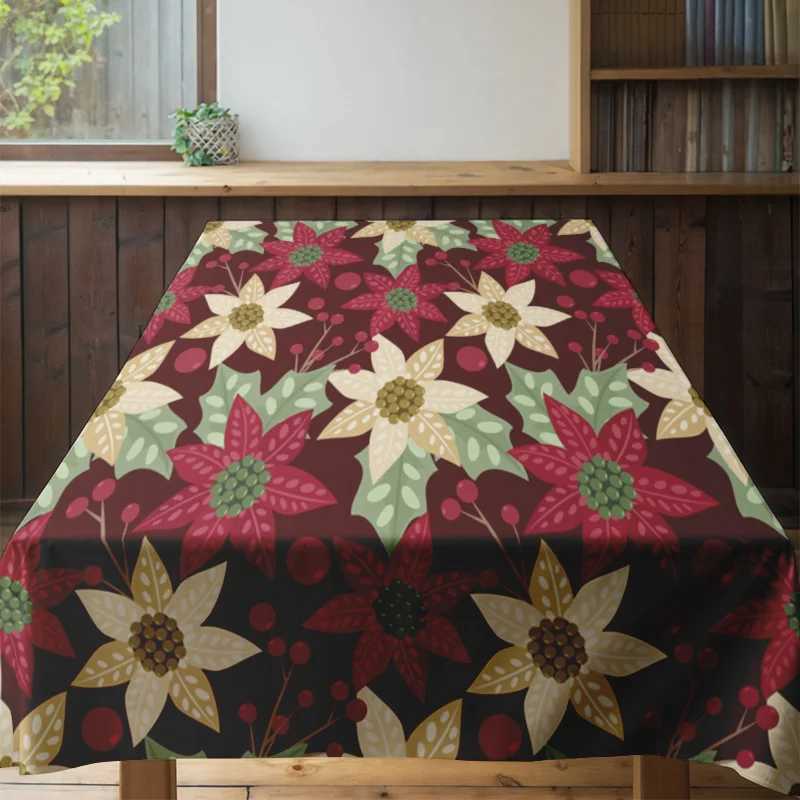 Festive Floral Tablecloth Set Perfect for Holiday Dining Elegant Red Green Table Cover with Cherry Blossom Design Includes 4 Cha C251122