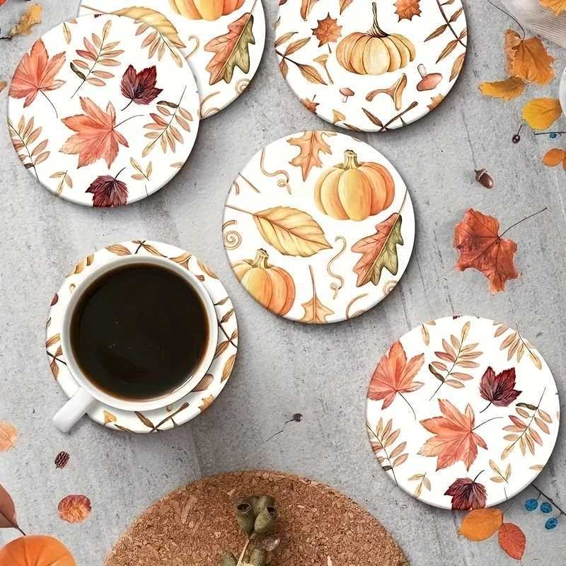 6/12pcs 4in Golden Pumpkin Leaf Colour Printing Wooden Coasters Anti-slip Round Autumn Home Cafe Bar Halloween Decoration Gift C251122