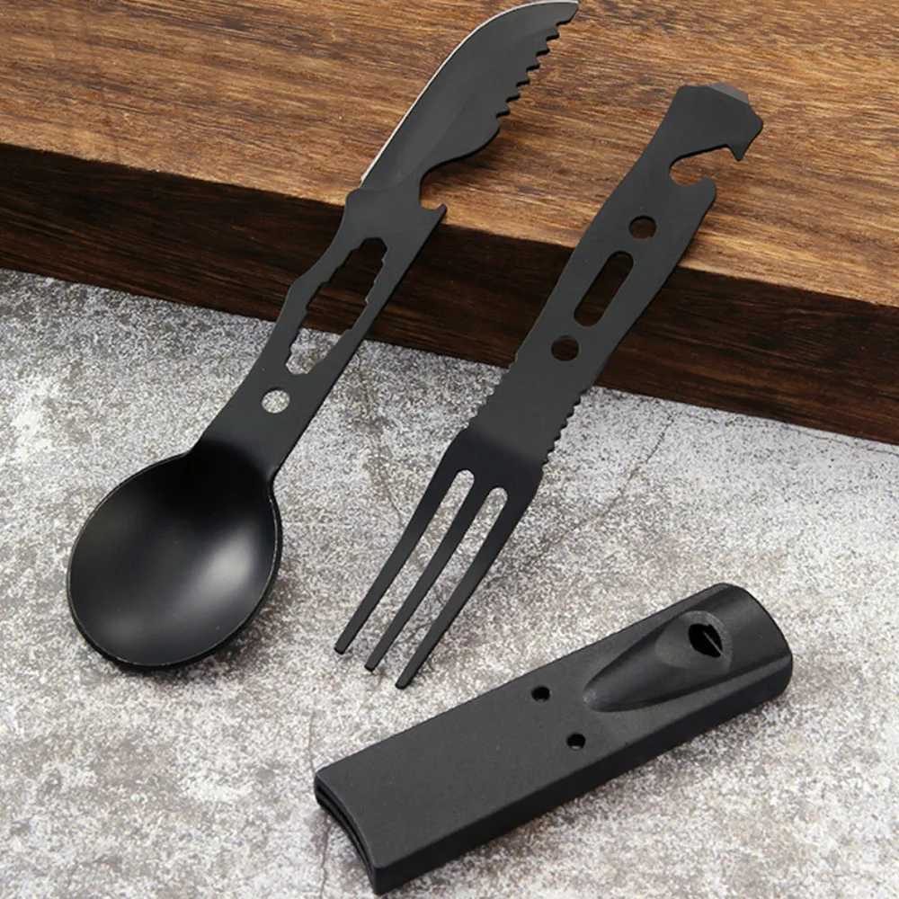 Multifunctional Camping Knife Outdoor Set Stainless Steel Utensils with Whistle Spoon Fork Windproof Combination Gear J251121