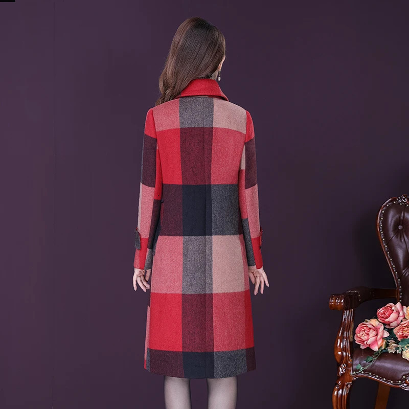 L5XL Women Wool Blends Coat Autumn Winter 2025 Fashion Thicken Warm Plaid Woolen Overcoat Slim Long Tops Outerwear Female 251112
