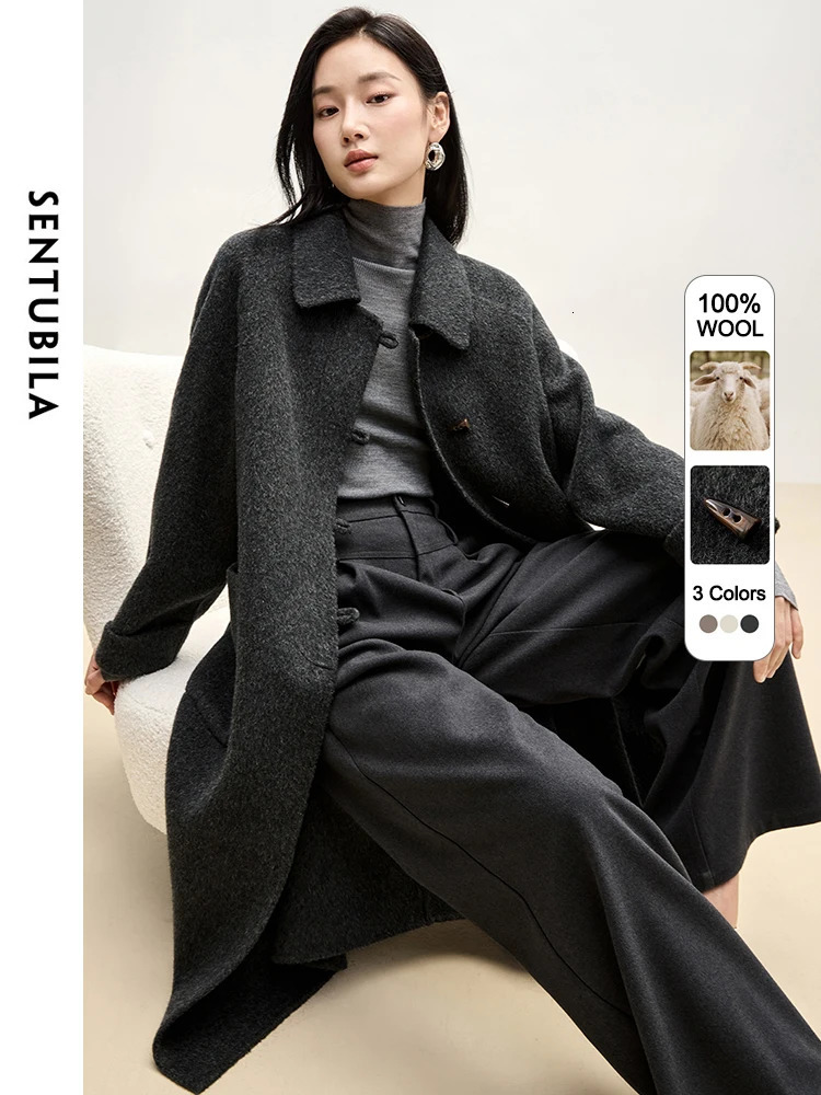 SENTUBILA Womens Long Coat 100 Wool 2025 Winter Elegant Outerwears Bull Horn Buckle Big Pockets Warm Woman Overcoat W44O55978 251112