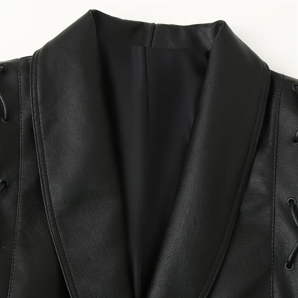 2024 autumn womens clothing irregular n with belt temperament waist cinched leather jacket PU short top 251114