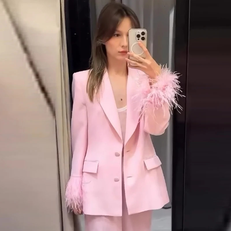 HXAO Womens Suit Pink Feather Blazer Woman Autumn Elegant Woman Blazer Long Sleeve Fitted Jacket Chic And Elegant Blazers 251121