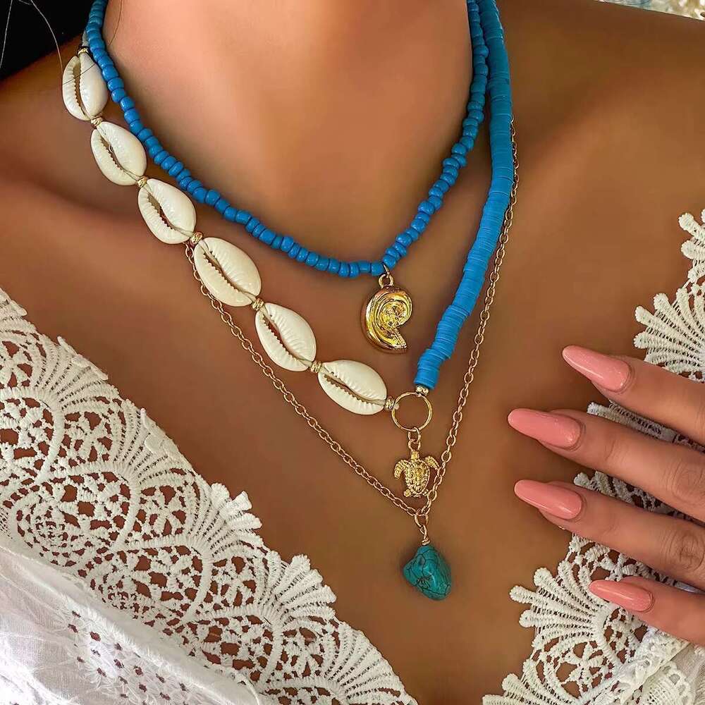 DHCollections Summer Beach Sea Wind Shell Conch Fringe Multi-Layer Polymer Clay Glass Seed Bead Natural Stone Necklace Jewelry for Women