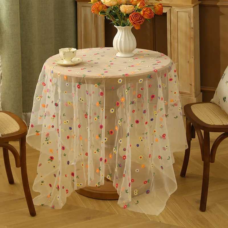 New Style Colorful Embroidered Flower Tablecloth Mesh Lace Fabric Soft Tulle Fabric for Wedding Dining Dresser Table Decor C251122