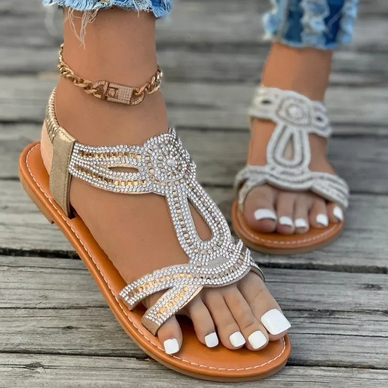 Womens Shoes High Quality Elastic Band Casual Fashion Crystal Sandals Summer Plus Size Flat 250421BJ - view 5