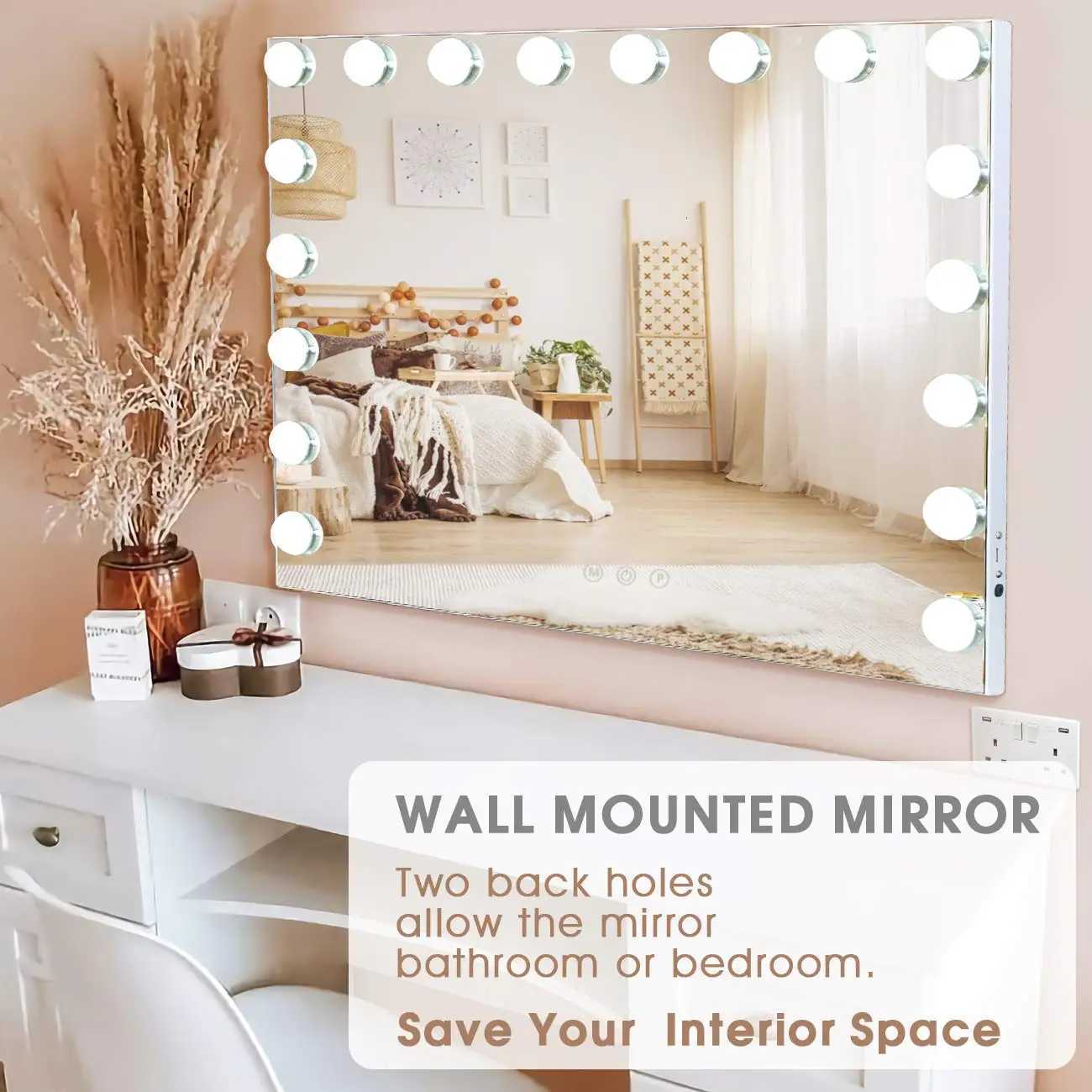 Large Hollywood Makeup Mirror 18 LED Bulbs Vanity Mirror with Protective Power Outlet USB Charging Port 3 Color Lighting Modes M251122