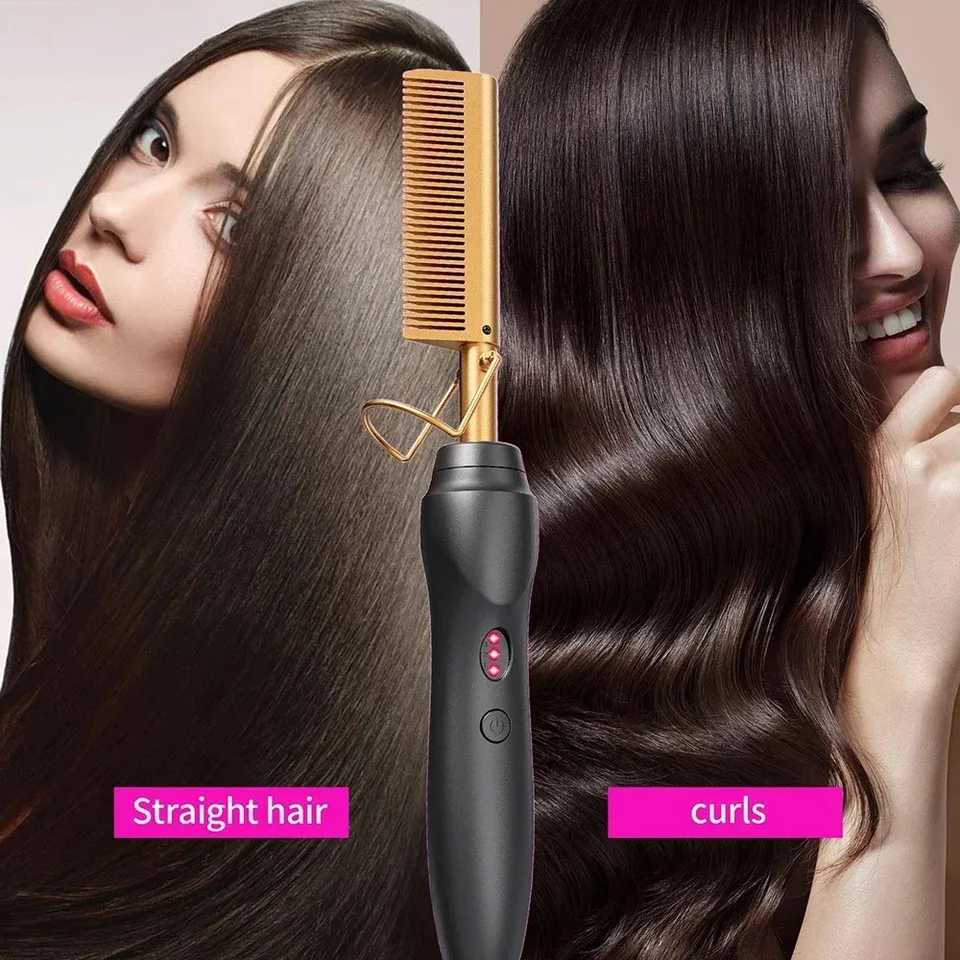 Hot Comb Hair Straightener Heat Pressing Combs Portable Ceramic Curling Iron for Hair Beard Wigs Wet and Dry Hair Styling ToolsT251122