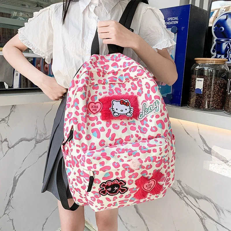 Sanrio Cute Leopard Print Backpack Japanese Style Cute Girl Hello Kitty Cartoon Girl Student Backpack H251122