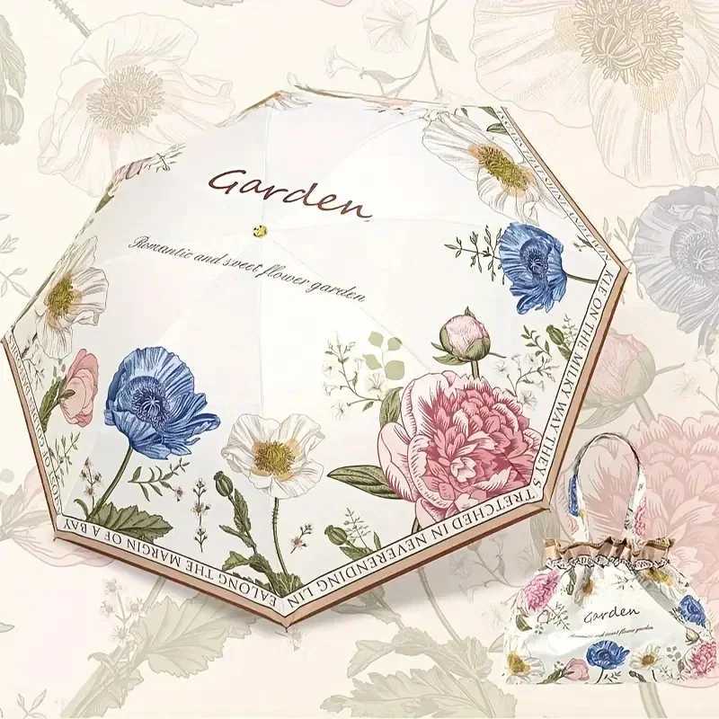 Double Layer Umbrella Flower Printed UPF50 Umbrella UV Protection Vinyl Coating Rain Parasol Sun Shade Folding Umbrellas M251122