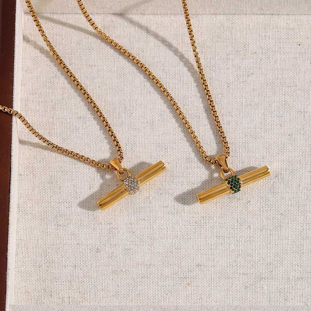 MamacitaSlay Green Clear Zircon T-Bar Pendant Necklaces 18K Gold Plated Waterproof Hypoallergenic Box Chain Necklaces for WomenT251122
