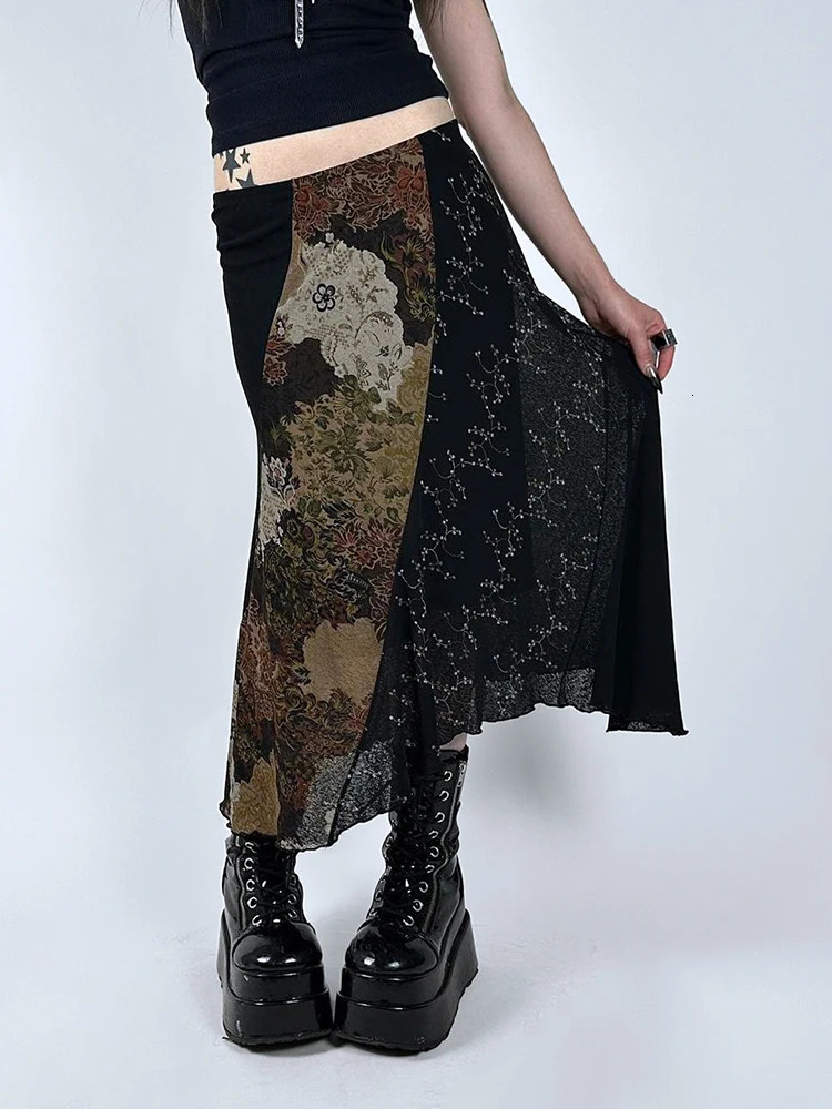 IAMSURE Vimtage Patchwork Flower Grid Skiing Leisure Mid waist Long Skirt Womens Autumn Spring Street Dress Women 250422