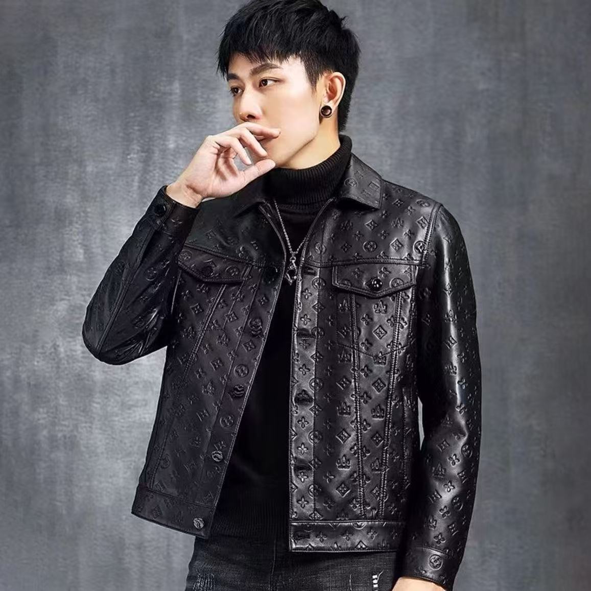 Stamped embossed leather men's coat slim new trend short handsome PU lapel motorcycle suit leather jacket menS-4XL03