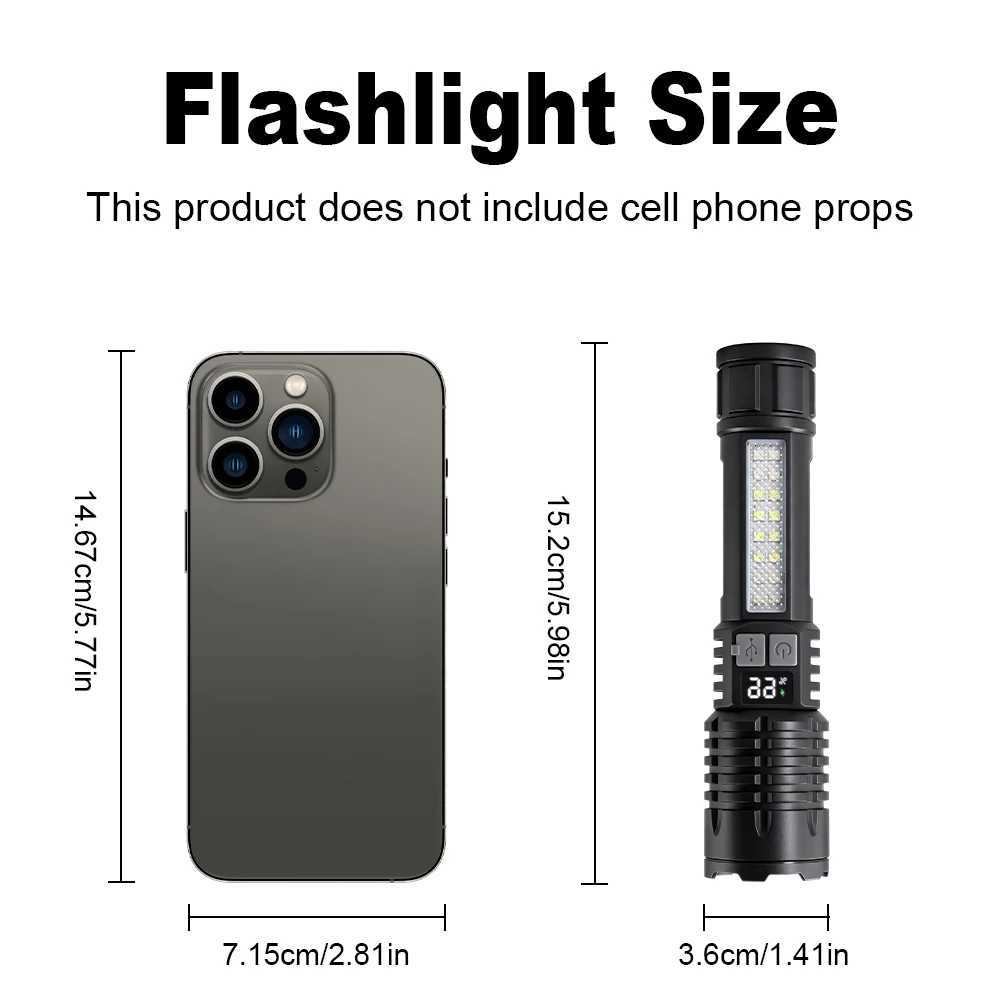 High Power LED Flashlight Powerful USB C Rechargeable COB Flashlight With Side Light Torch For Outdoor Waterproof Camping Hiking C251122