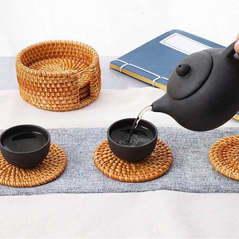 6Pcs Japan Style Sado Supplies Rattan Coasters Tableware Mats Handmade Tea Ceremony Tableware Set INS Style Desktop Decorations C251122