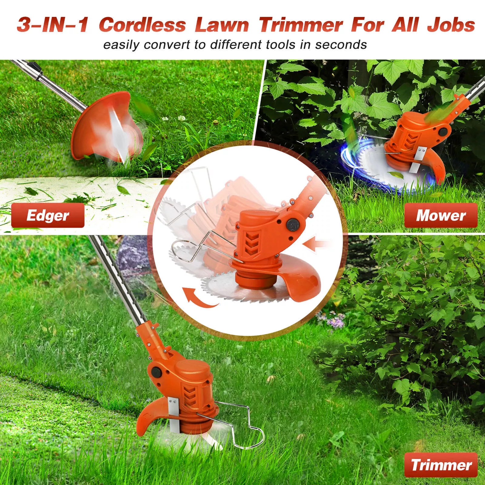 Electric Cordless Grass Trimmer, Battery Operated Weed Eaters, 21V Mower, Weed Lawn Edger Eater, Electric Grass Cuting Machine with Wheels