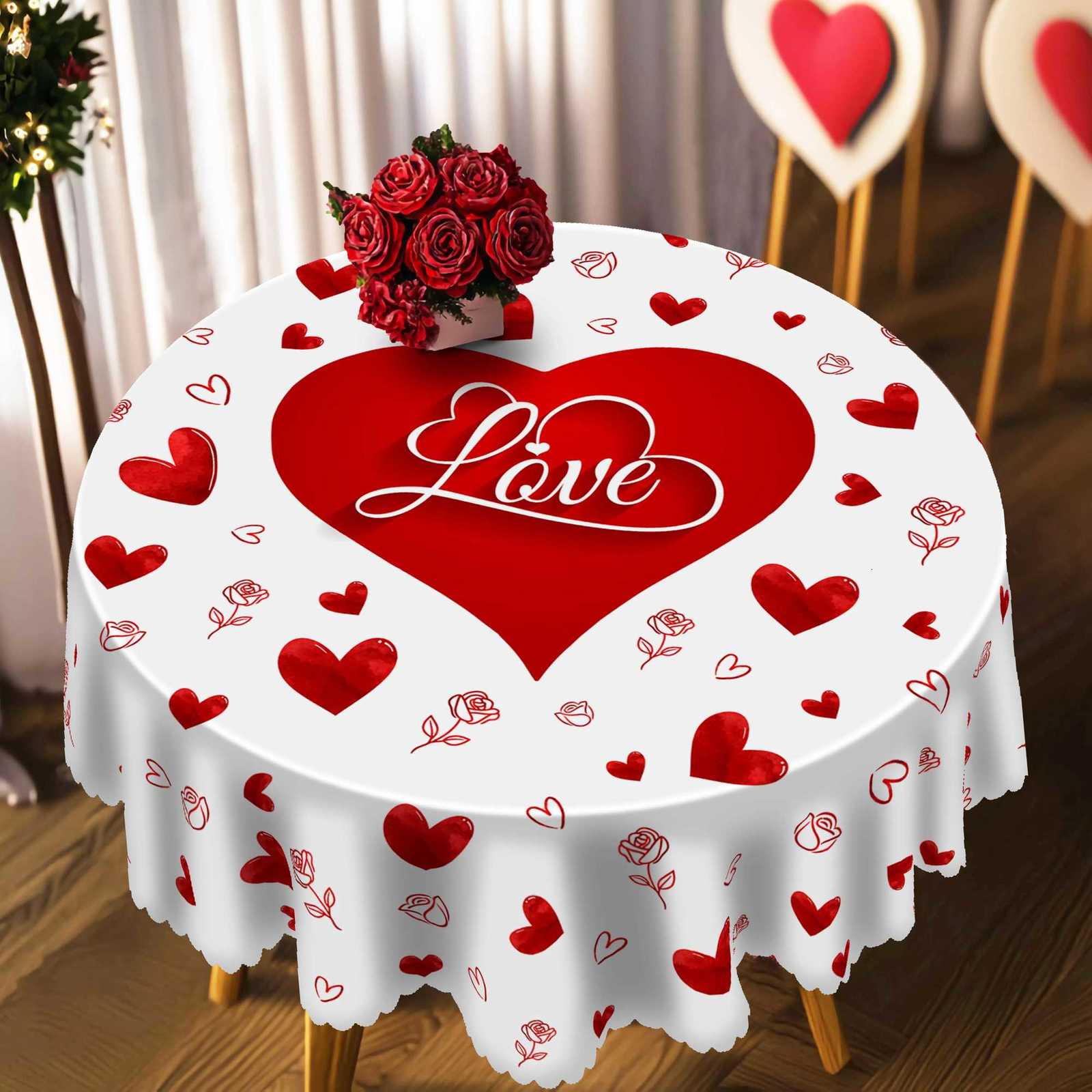 1 Piece Valentines Day Round Tablecloth 5 Sizes Available Romantic HeartShapedL oveP atternT ableclothE dgeE mbossingP rocessV alentinesD ayG ardenT C