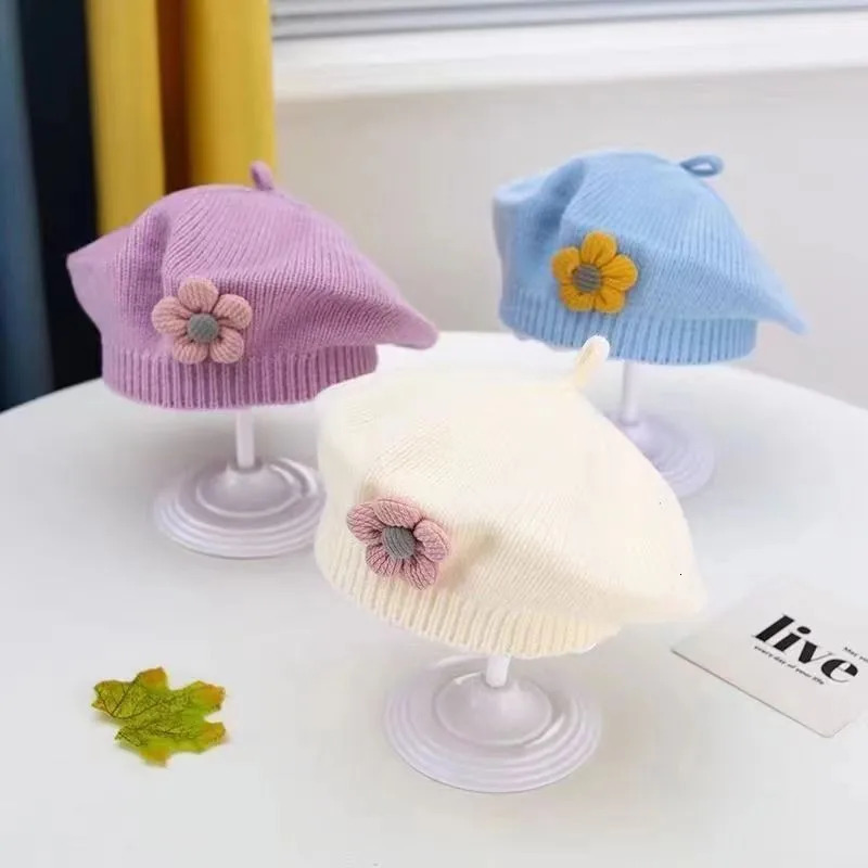 Flower Treasure Baby Thunder Hat Winter Warm Knitted Bean Girl Korean Preschool Princess Artist Solid Color Paint 250414z