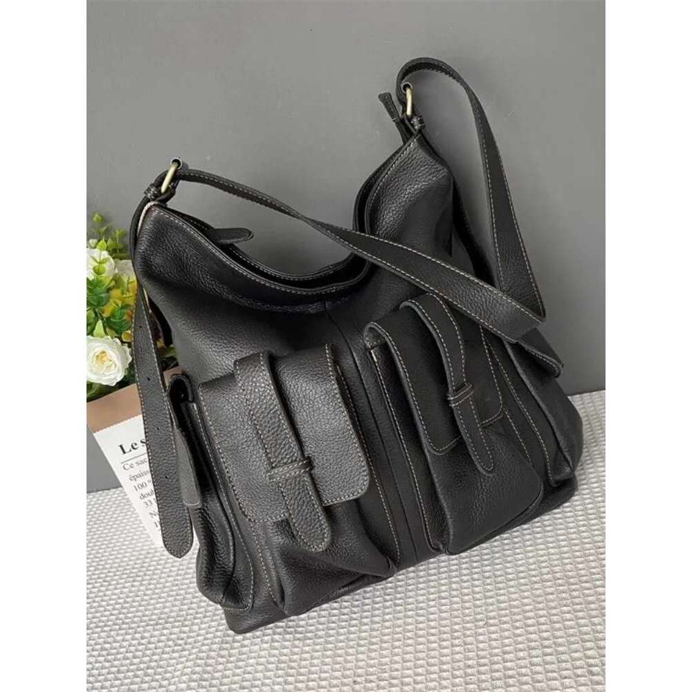 Punk Style Women Genuine Leather Multiple Pockets Motorcycle Solid Color Casual Single Shoulder Bag Female Crossbody Bags Bag