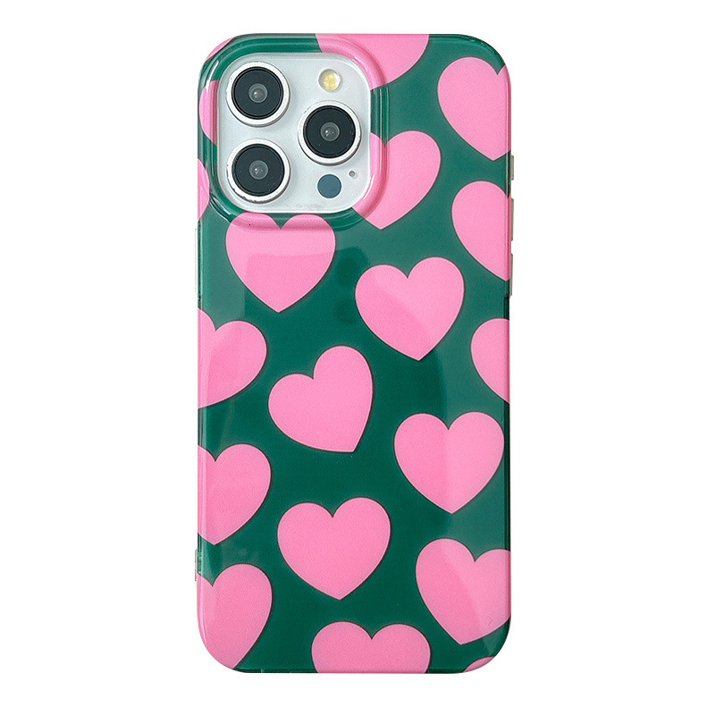 Green Background Full Screen Pink Heart Phone Case Compatible iPhone 16/15 Pro Max New Earthquake-proof Protective Case