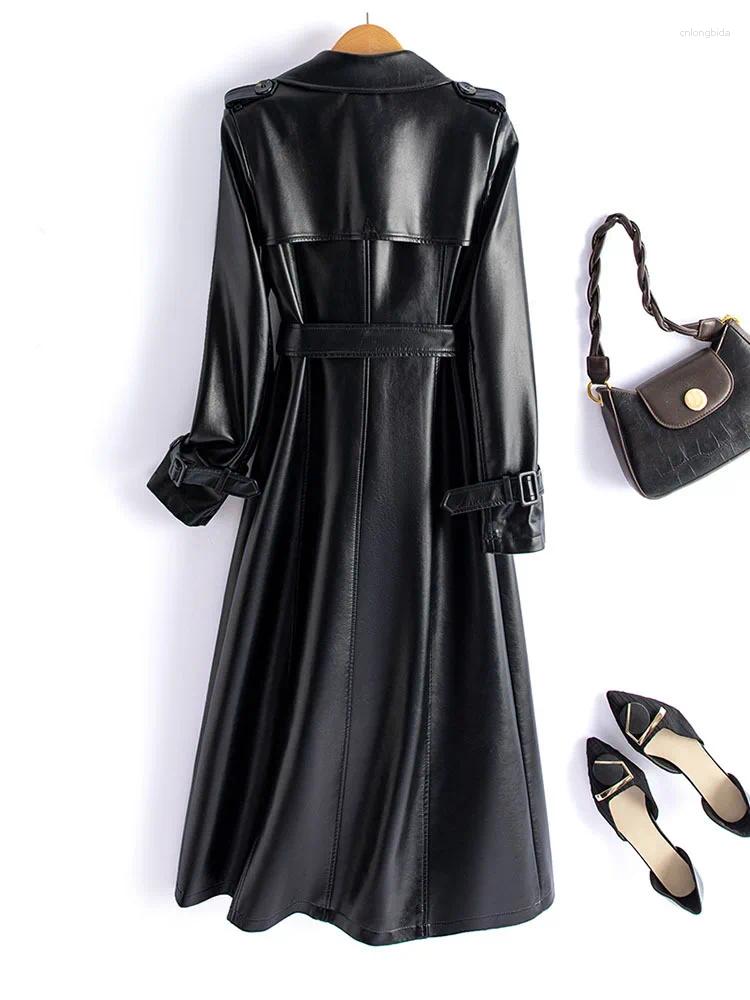Womens Trench Coats Chic Double-breasted Lace-up Belt Genuine Leather Coat For Women Mid-Length Real Sheepskin Outwear Fall Winter