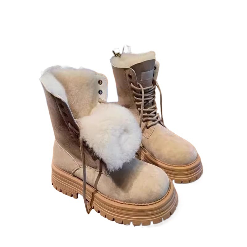 2025 Winter New Sheepskin Wool Integrated Thick soled Increased Height Martin Boots Designer Women's Wool Lined Thick Cotton Shoes Mid tube Snow 