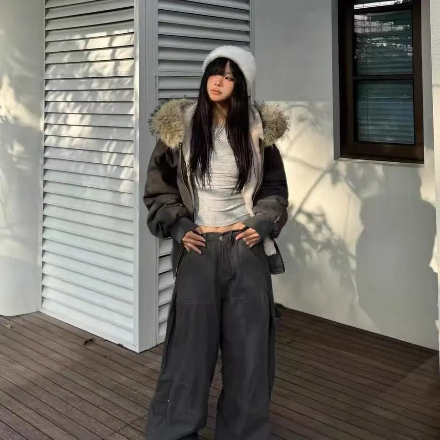 Vintage Condor Fur Hood Coat American Retro Short Parka for Petite Women Campus Style Thickened Hooded Jacket Y2K Winter War 251110