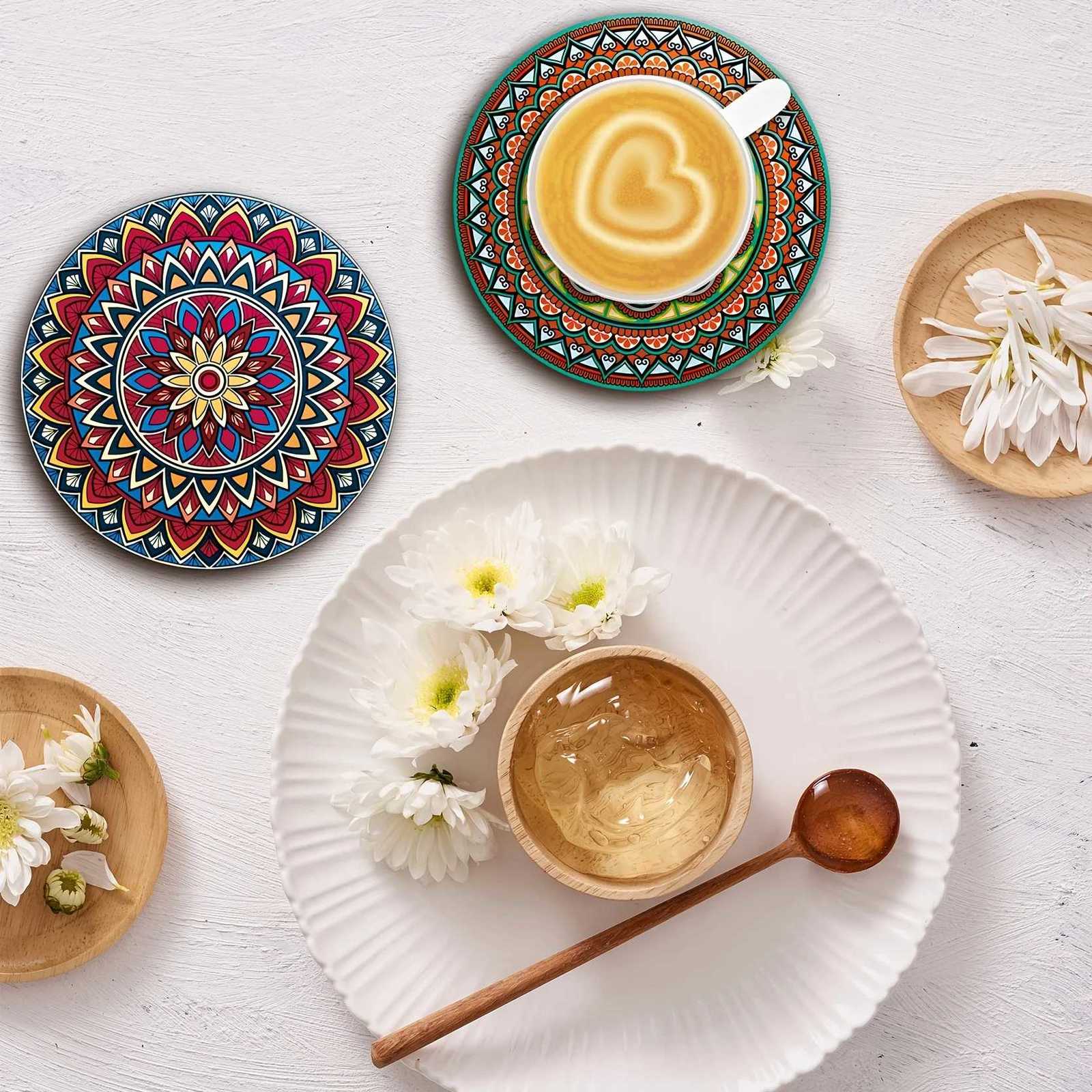 8pcs Wooden Mandala Coasters Set - Holiday/Party Essential for Bar Office Home Decor C251122