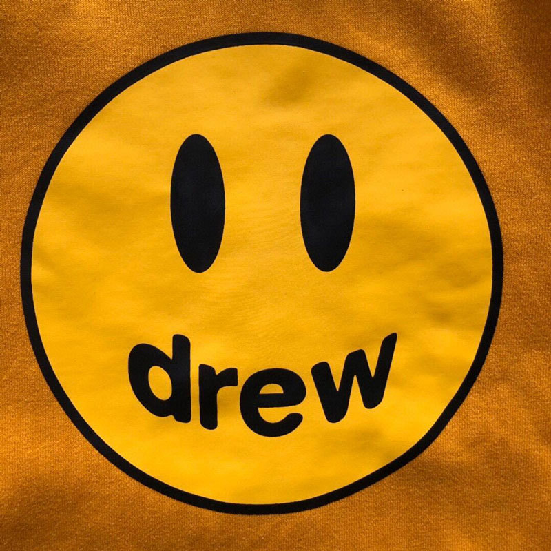 Drew House DREW Justin Bieber Smiling Face Hoodie with Yellow Fleece Lining Loose Hooded Sweatshirt for Men and Women