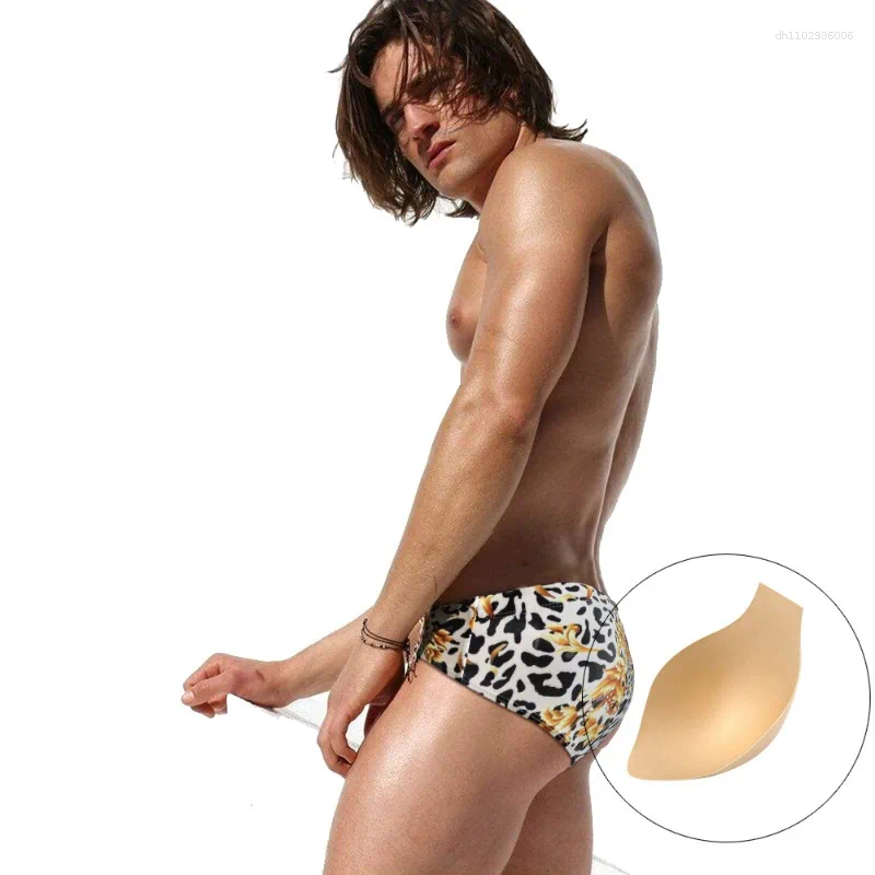 Men's Swimwear Summer Men Swim Briefs Sexy Low Waisted Leopard Print Swimming Trunks With Cups Sport Beach Shorts Quick Dry