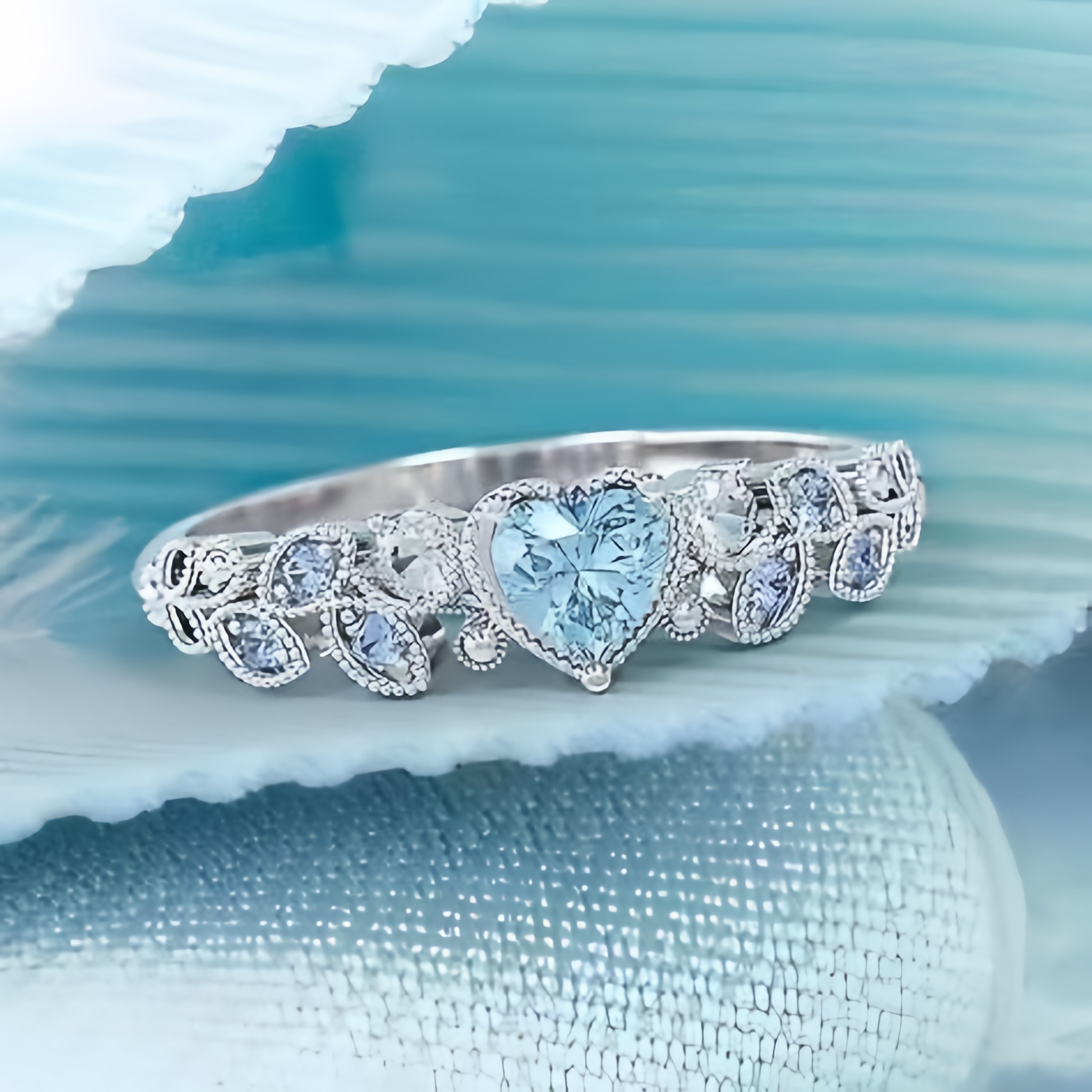 New style blue Ocean Heart ring love heart ladies peach heart ring New Ladies Ring Luxury Large Square Jewelry Artificial Zircon Simple Atmosphere Lux - view 3