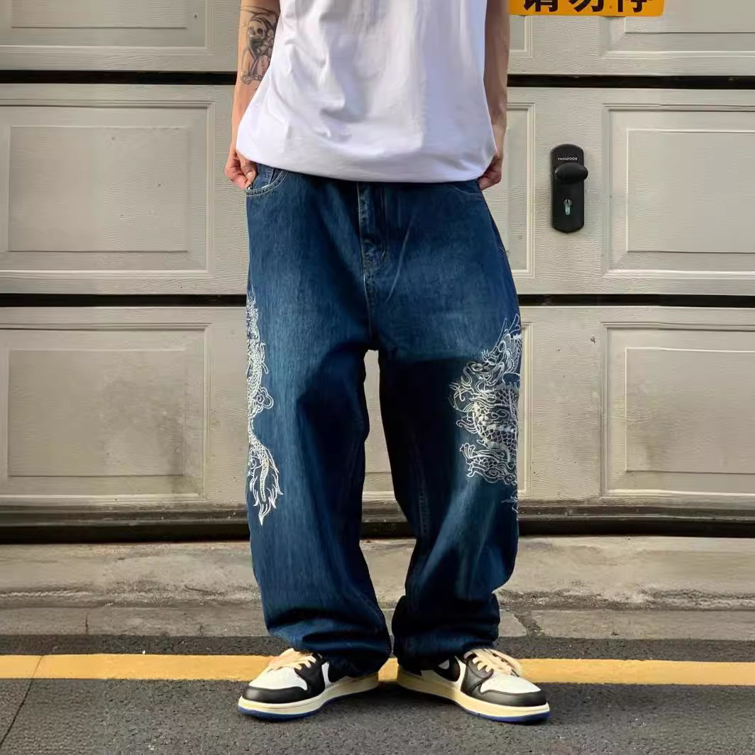 Embroidered Dragon Totem Jeans Hip Hop Baggy Jeans Streetwear Y2k Jeans Loose Wide Leg Denim High Quality 240913