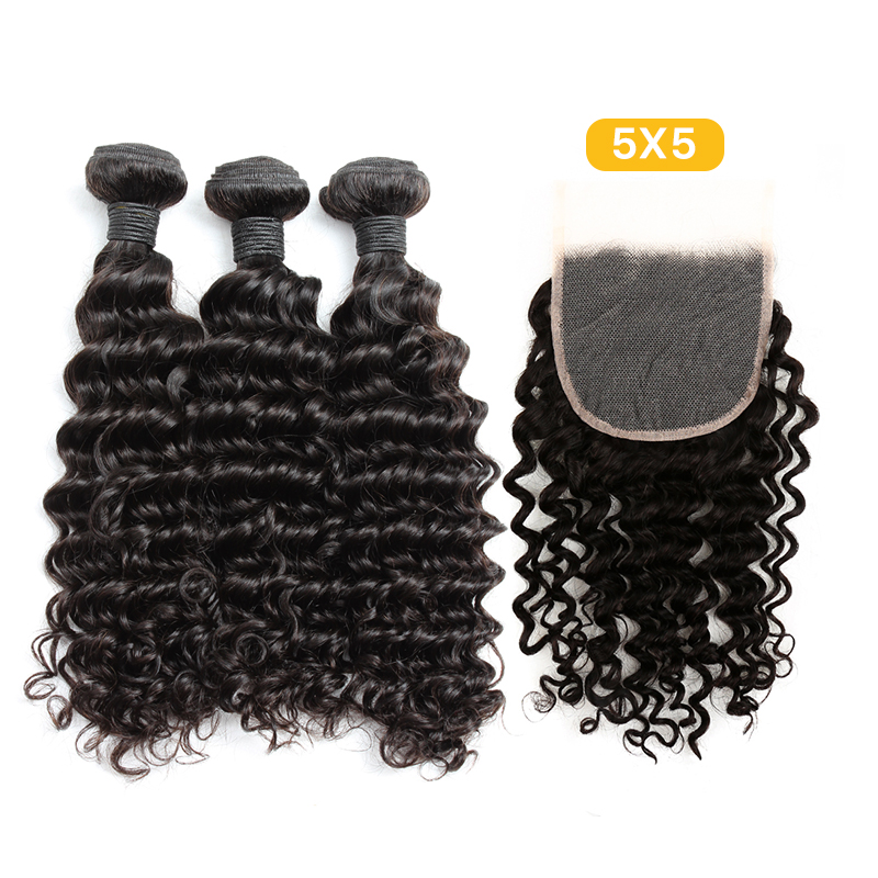 Brazilian Hair Deep Wave Curly Hair 3 Bundles With Closure Sew In Natural Black Weave Black Extensions Bella Hair 4PCS/Lot Less Shedding and Tangling 