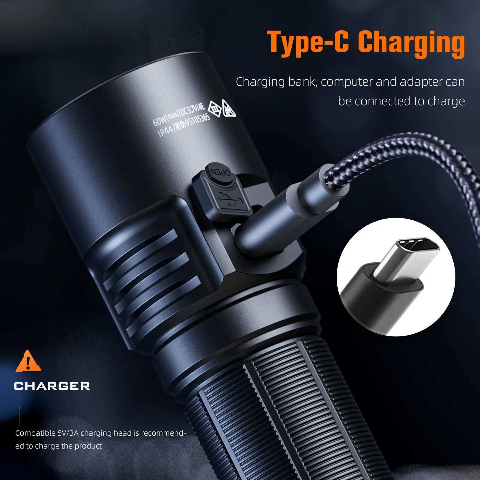 SUPERFIRE L22 60W High Power Torch Super Bright Flashlight for Outdoor Camping Emergency 5000mah USB-C Rechargeable 3 LED C251122