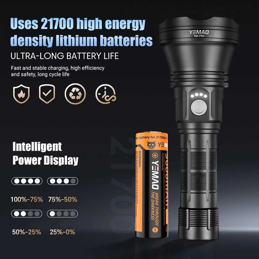 YEMA0 98KPro 2840LM High Power Rechargeable LED Flashlight With Smart Power Display Portable Waterproof Long Range Torch C251122